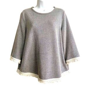 J. Jill Gray 3/4 Sleeve Knit Shirt Medium Petite Fringe Edge Casual Neutral